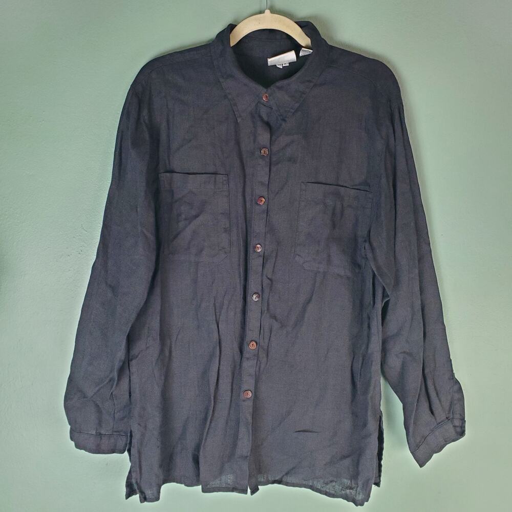 Chico's Design VTG Womens Black Linen Button Up Long Sleeve Shirt Size 2 Large